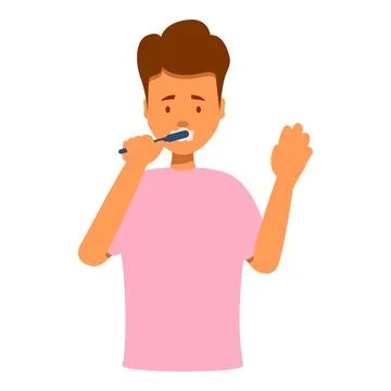 Young man brushing his teeth with toothpaste and raising hand Ilustración de archivo