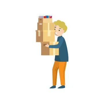 A young man carries four boxes stacked on top of one another イラスト素材