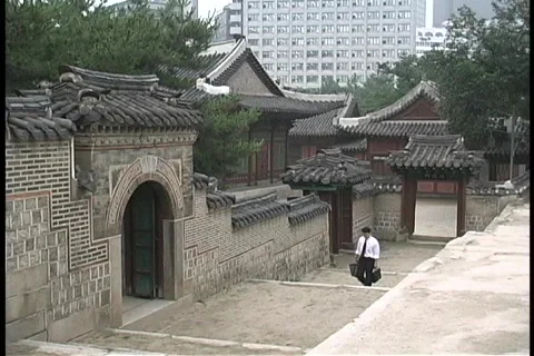 A young man carrying a brief case walks past the Doeksugnung Palace in Seoul, Stock Footage