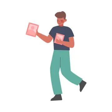 Young Man Carrying Photo Frames, Guy Packing his Stuff Preparing for Relocation Stock Illustration
