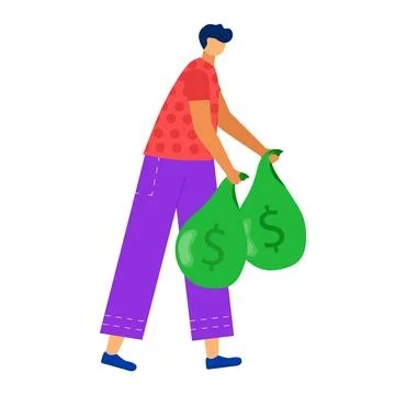 Young man carrying two large money bags with dollar signs. Casual male cartoon Stock Illustration