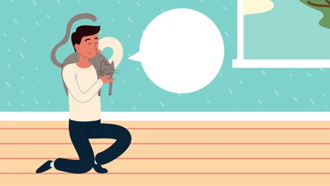 Young man with cat animation Stock Footage 157111369