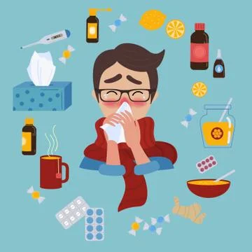 Young man caught cold flu or virus. Treatment of illness Stock Illustration