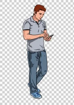 Young Man with cell phone texting and walking outdoor Illustration in Full Color Stock Illustration