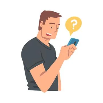 Young Man Character Asking Question Using Internet Search System on His Stock Illustration