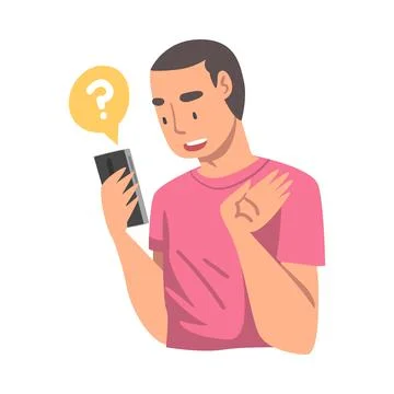Young Man Character Asking Question Using Internet Search System on His Stockillustratie
