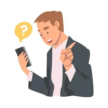 Young Man Character Asking Question Using Internet Search System on His Stock Illustration