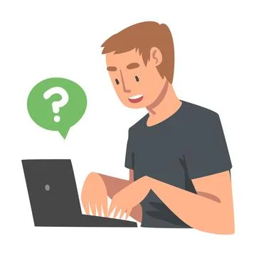 Young Man Character Asking Question Using Internet Search System on His Laptop Stock Illustration