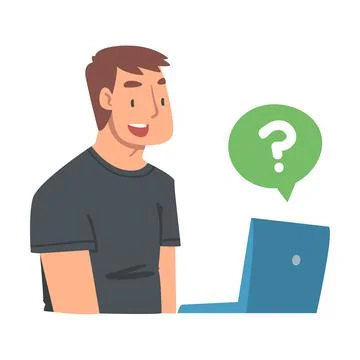 Young Man Character Asking Question Using Internet Search System on His Laptop Stock Illustration