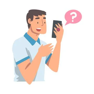 Young Man Character Asking Question Using Internet Search System on His Stock Illustration