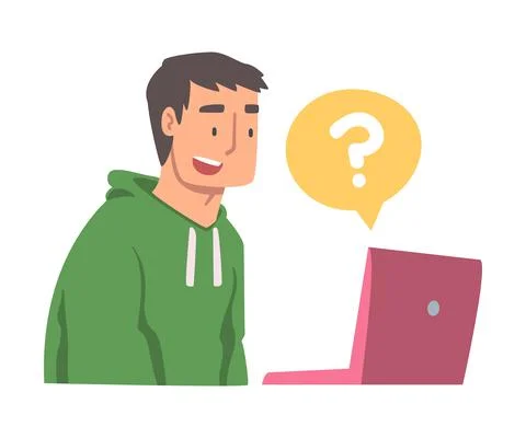 Young Man Character Asking Question Using Internet Search System on His Laptop Stock Illustration