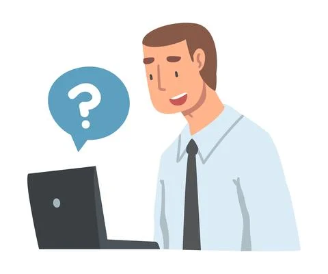 Young Man Character Asking Question Using Internet Search System on His Laptop Stockillustratie