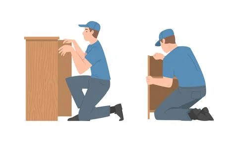 Young Man Character Assembling and Installing Wooden Furniture Vector Set 스톡 일러스트