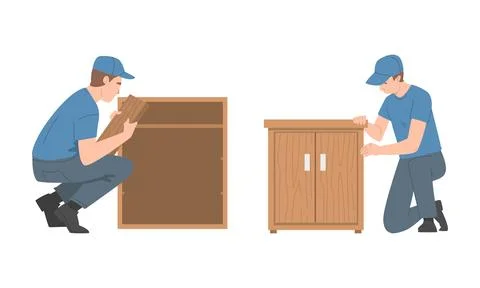 Young Man Character Assembling and Installing Wooden Furniture Vector Set 스톡 일러스트