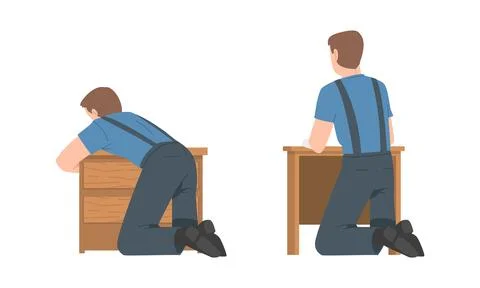 Young Man Character Assembling and Installing Wooden Furniture Vector Set 스톡 일러스트