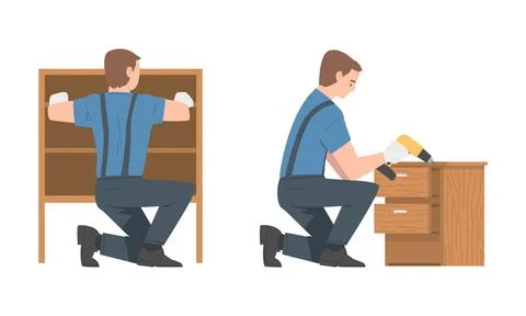 Young Man Character Assembling and Installing Wooden Furniture Vector Set 스톡 일러스트