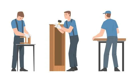 Young Man Character Assembling and Installing Wooden Furniture Vector Set Stock Illustration