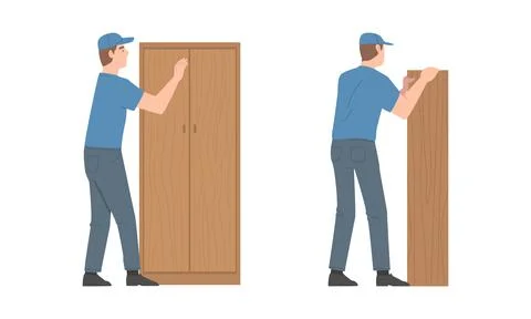 Young Man Character Assembling and Installing Wooden Furniture Vector Set 스톡 일러스트