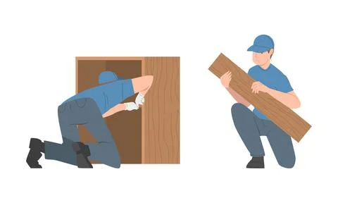 Young Man Character Assembling and Installing Wooden Furniture Vector Set 스톡 일러스트