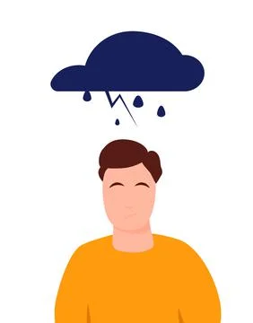 Young man character with cloud rain, depressed negative thinking, pessimism u Illustrazione stock