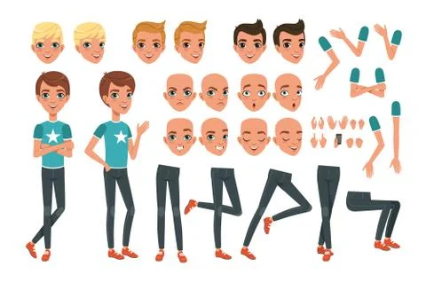 Young man character constructor with body parts legs, arms, hand gestures. Angry Stock Illustration