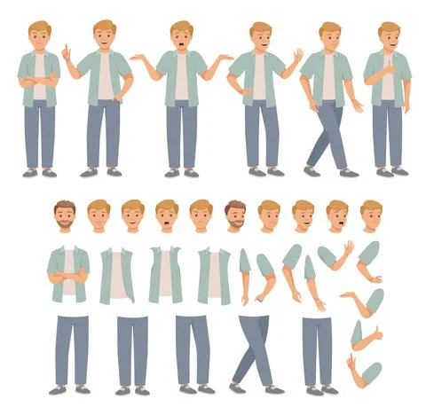Young Man Character Constructor with Separated Body Parts and Face with Illustration