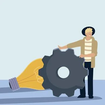 Young man character with gear wheel cog Stock Illustration