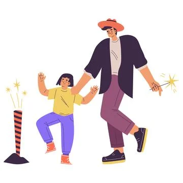 Young Man Character with Kid Setting Off Firework Vector Illustration イラスト素材