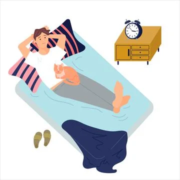 Young man character is lying on back in bed with insomnia. Female Insomniac w Stock Illustration