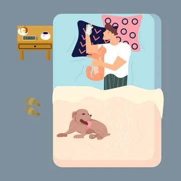 Young man character is lying in bed with insomnia. Male Insomniac is surfing Stock Illustration