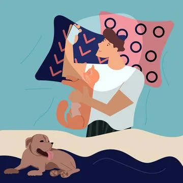 Young man character is lying in bed with insomnia. Male Insomniac is surfing Stock Illustration