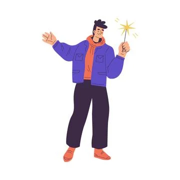 Young Man Character Setting Off Firework Vector Illustration Stock Illustration
