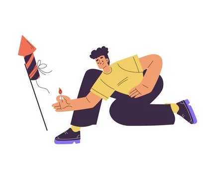 Young Man Character Setting Off Firework Vector Illustration Stock Illustration