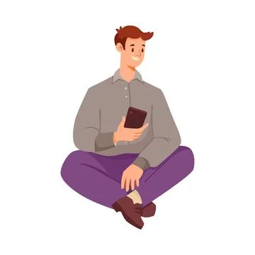 Young Man Character Sitting Cross Legged with Smartphone Vector Illustration Stock Illustration