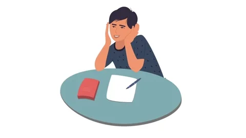 A young man character is sitting at a table.A student, sitting at a Desk Stock Footage 131272768