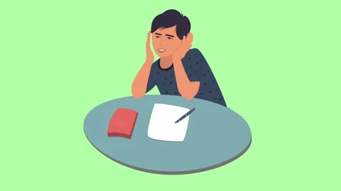 A young man character is sitting at a table.A student, sitting at a Desk Stock Footage 136411774