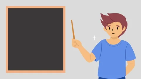 Young man character speaking for presentation, blackboard, copy space for text Stock Footage 274509077