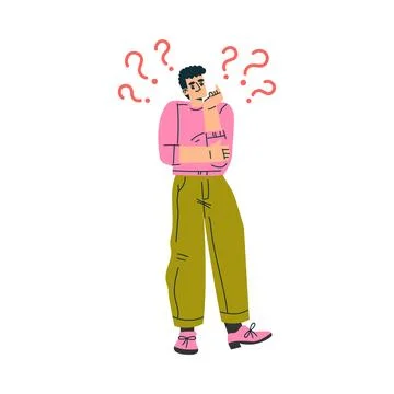 Young Man Character Standing and Thinking with Question Mark Vector Illustration Stockillustratie