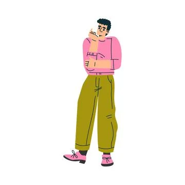 Young Man Character Standing and Thinking Vector Illustration イラスト素材
