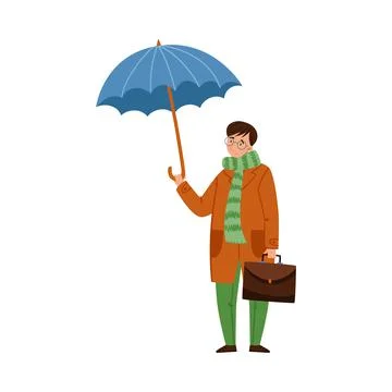Young Man Character Standing Under Umbrella in Rainy Day Vector Illustration Illustrazione stock