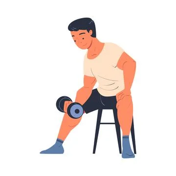 Young Man Character on Stool Lifting Heavy Dumbbell Doing Sport at Home Vector Stock Illustration