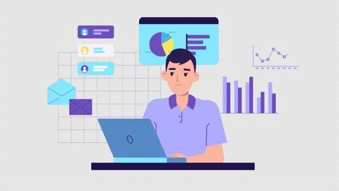 Young man character work at laptop 2d. Financial graphs and charts, business Video stock 255783359