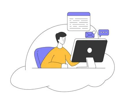 Young Man Character Working at Computer Sitting on Cloud in the Sky Vector Stock Illustration