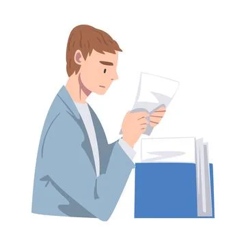 Young Man Character Working with Papers and Files Vector Illustration Stock Illustration