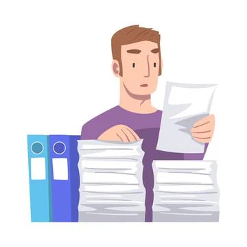 Young Man Character Working with Pile of Papers Vector Illustration Stock Illustration