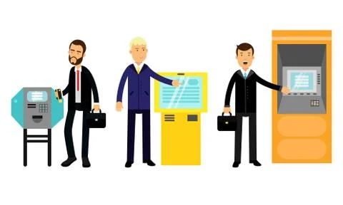 Young Man Characters Using Electronic Self Service Terminals and ATM Machine Stock Illustration