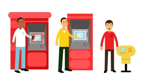 Young Man Characters Using Electronic Self Service Terminals and ATM Machine Stock Illustration