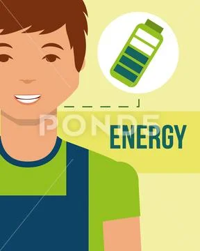Young man charged battery energy clean Stock Illustration