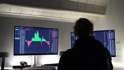 Young man checking crypto values on two displays Stock Footage 219654796