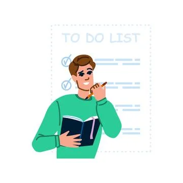 Young man checking his to do list and planning his schedule Illustrazione stock